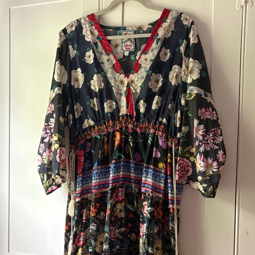 Johnny Was Black Floral Long Sleeve Dress